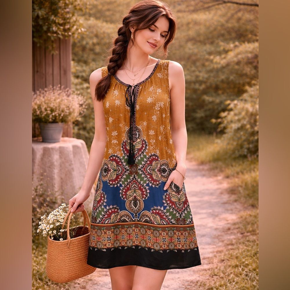 DR2 Daniel Rainn Anthropologie Boho Floral  Sleeveless Dress Size Medium‎